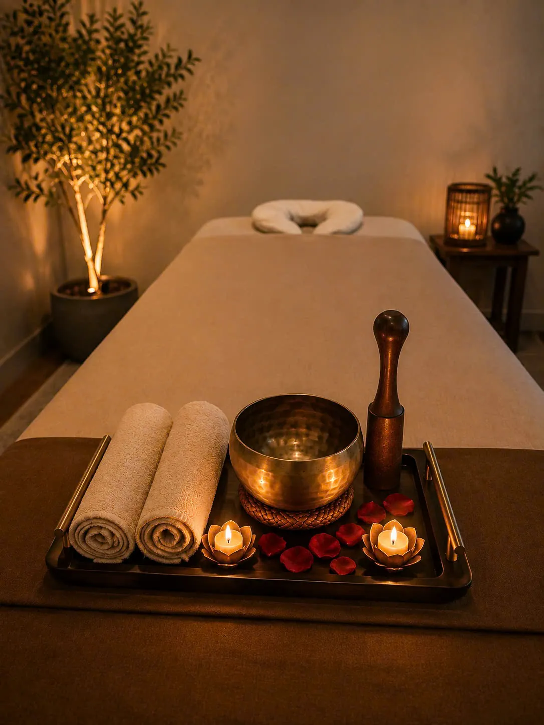 Chuông xoay Himalaya và khăn ấm chuẩn bị cho buổi sound healing tại Soulnest