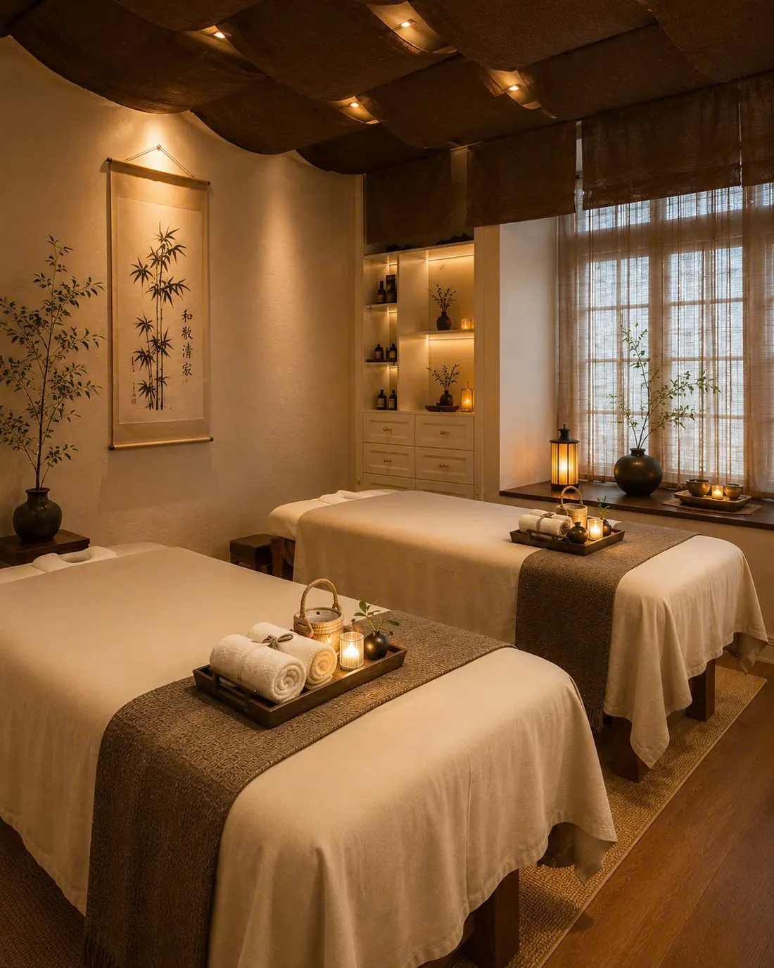 Phòng đôi tại Soulnest với hai giường chăm sóc và ánh sáng ấm