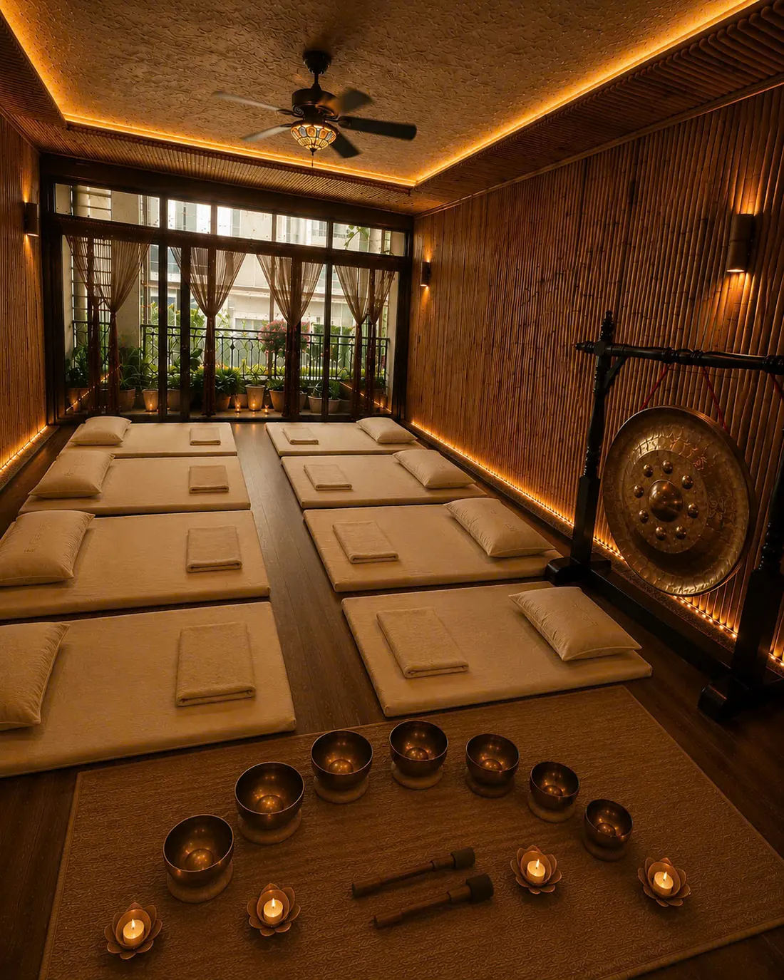 Phòng sound healing nhóm với nệm, gối và dàn chuông xoay Himalaya