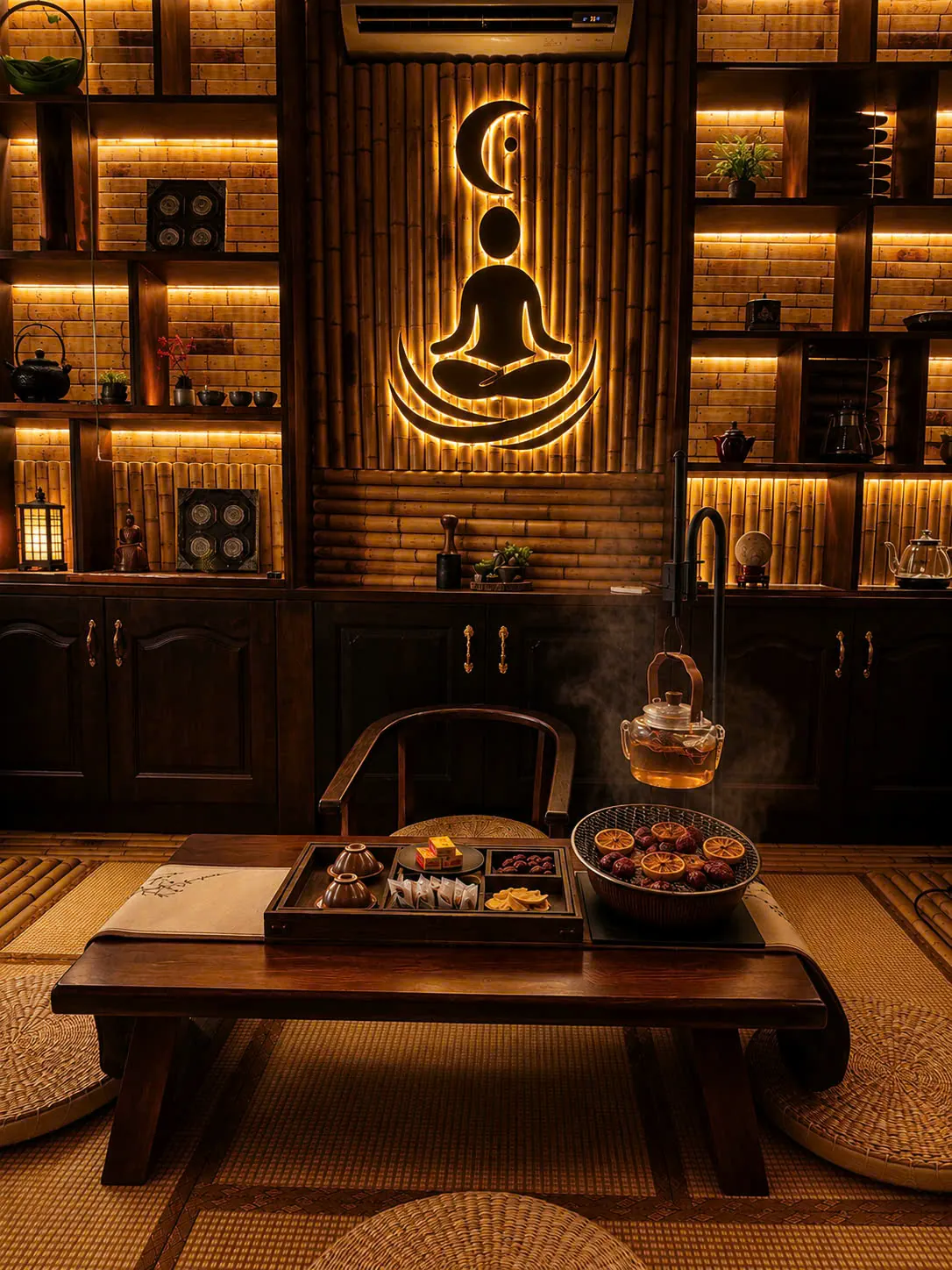Phòng trà tre của Soulnest với biểu tượng thiền phát sáng trên tường