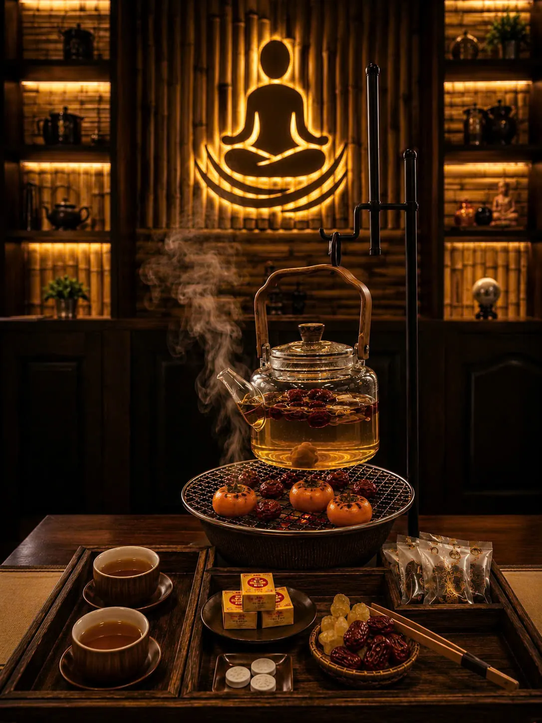 Ấm trà thảo mộc đang đun cùng táo đỏ và hồng khô